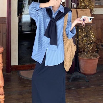 Striped Collared Long Sleeve Shirt & Maxi Pencil Skirt Set