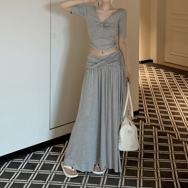 V-Neck Twist Short Sleeve Top & Maxi A-Line Skirt Set