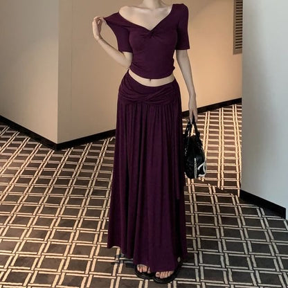 V-Neck Twist Short Sleeve Top & Maxi A-Line Skirt Set