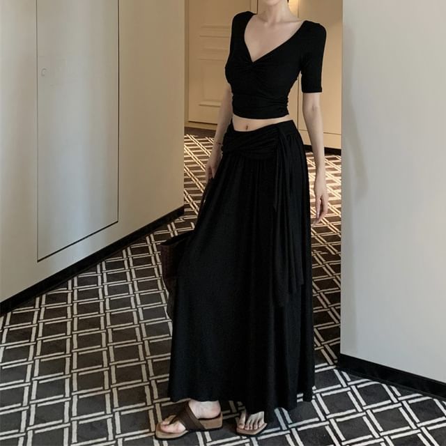 V-Neck Twist Short Sleeve Top & Maxi A-Line Skirt Set