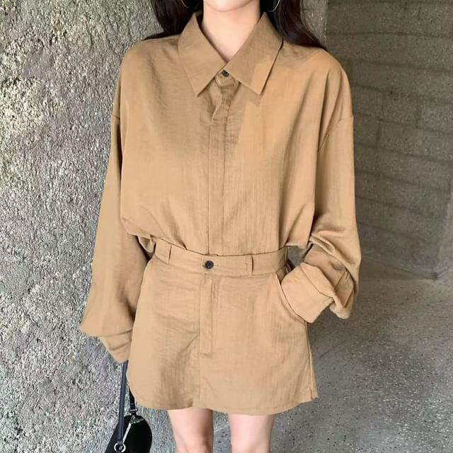 Collared Long Sleeve Shirt & Mini A-Line Skirt Set