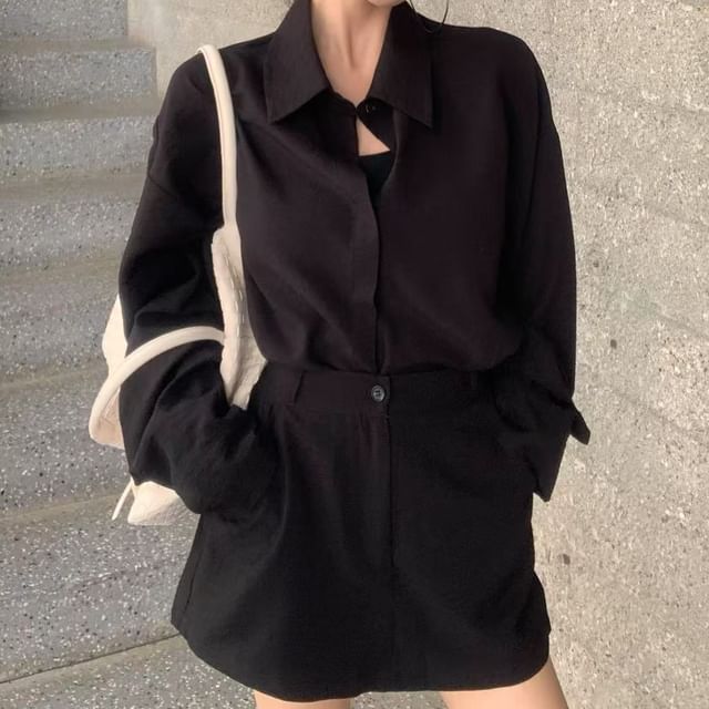 Collared Long Sleeve Shirt & Mini A-Line Skirt Set