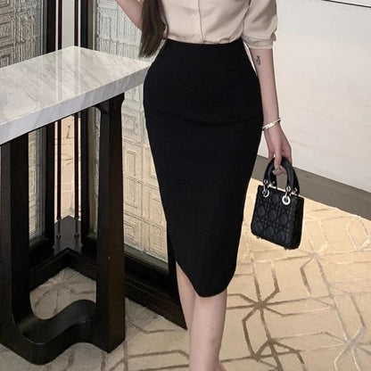 Collared Long Sleeve Shirt & Midi Pencil Skirt Set