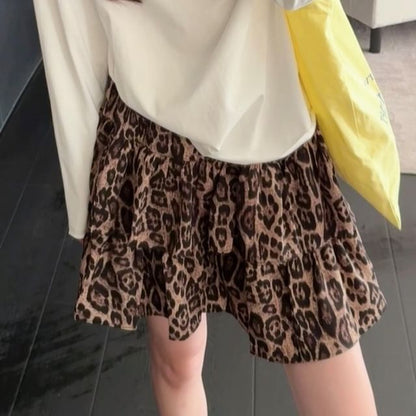 Round Neck Button Tee & Leopard Print Ruffle Mini Skirt