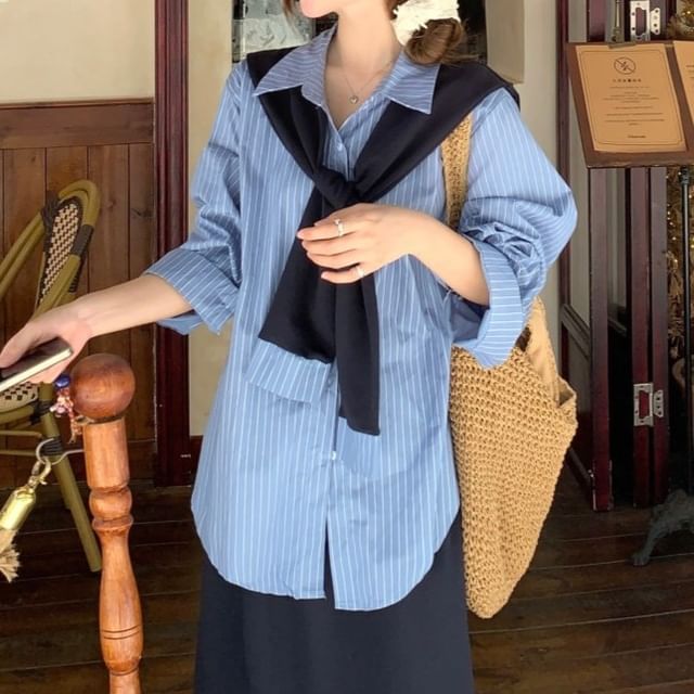Striped Collared Long Sleeve Shirt & Maxi Pencil Skirt Set