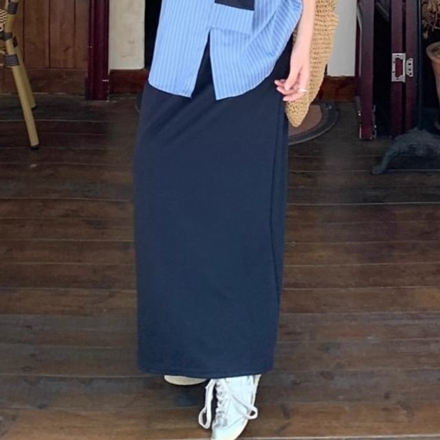 Striped Collared Long Sleeve Shirt & Maxi Pencil Skirt Set
