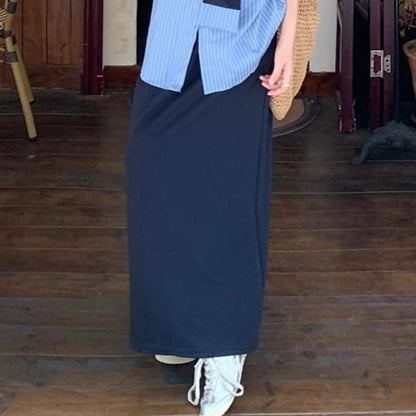Striped Collared Long Sleeve Shirt & Maxi Pencil Skirt Set