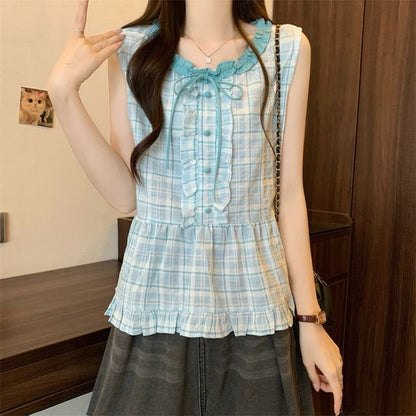 Plaid Sleeveless Crew-Neck Blouse with Ruffle Trim