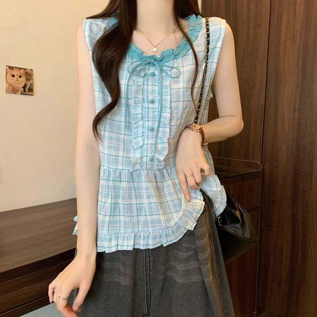 Plaid Sleeveless Crew-Neck Blouse with Ruffle Trim