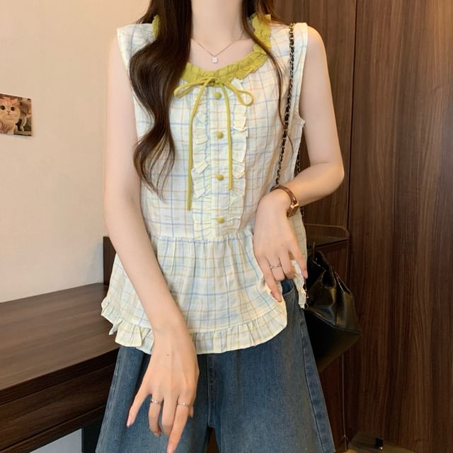 Plaid Sleeveless Crew-Neck Blouse with Ruffle Trim