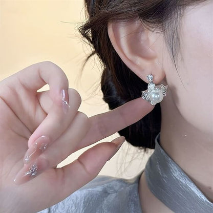 Ginkgo Rhinestone Pearl Earring Drop Faux