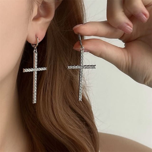 Huggie Earring Cross Rhinestone Drop