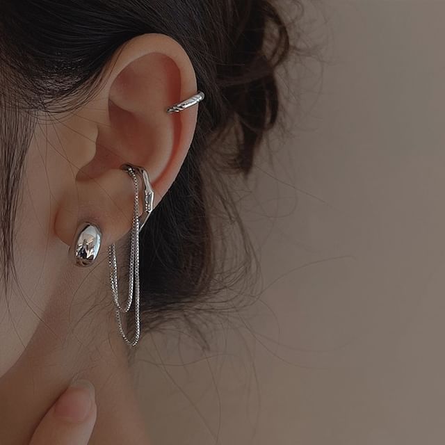Set: Earring Chain + Silver Plain Sterling Ear Hoop Cuff 925