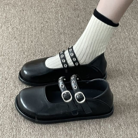 Grommet Double-Strap Mary Jane Flats