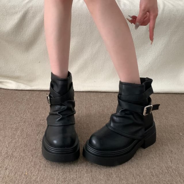 Strappy Buckled Platform Chunky Heel Short Boots