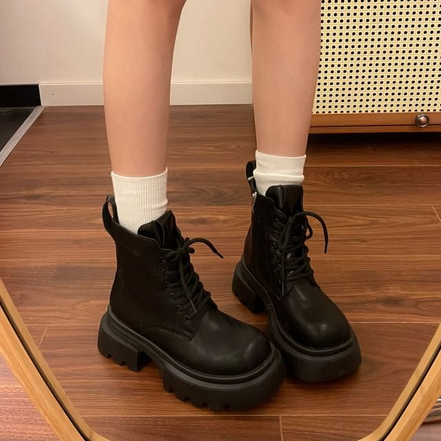 Lace-Up Platform Chunky Heel Short Boots