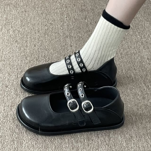 Grommet Double-Strap Mary Jane Flats