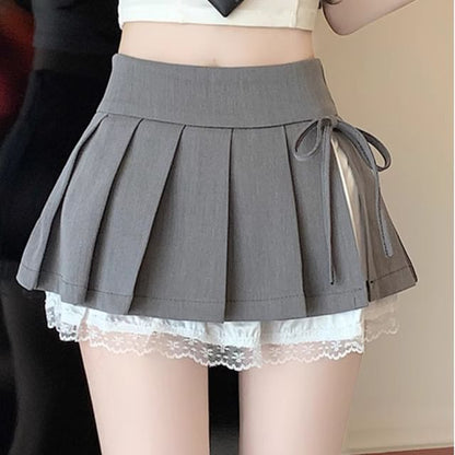 High Rise Pleated Lace Trim Mini A-Line Skirt