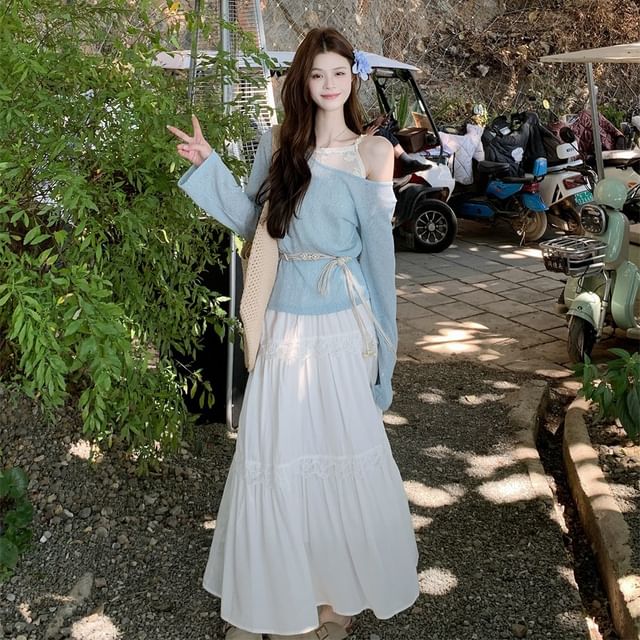 Cold Shoulder Lace Tee & High-Waist Maxi Skirt Set