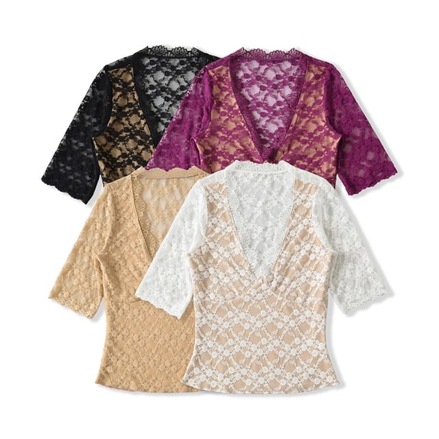 Elbow Sleeve V-Neck Lace Overlay Top