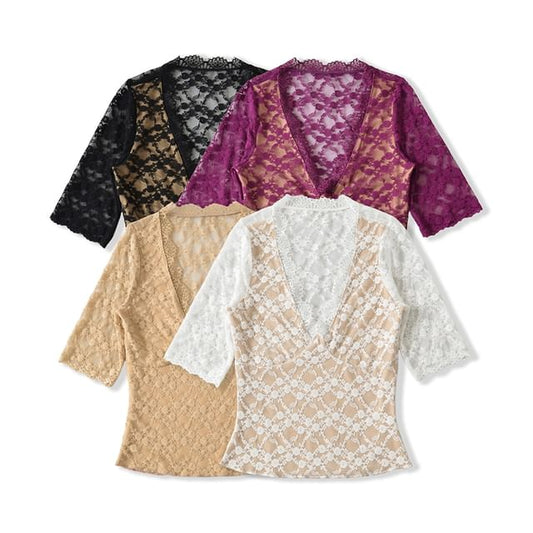 Elbow Sleeve V-Neck Lace Overlay Top