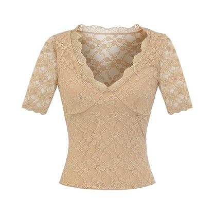 Elbow Sleeve V-Neck Lace Overlay Top