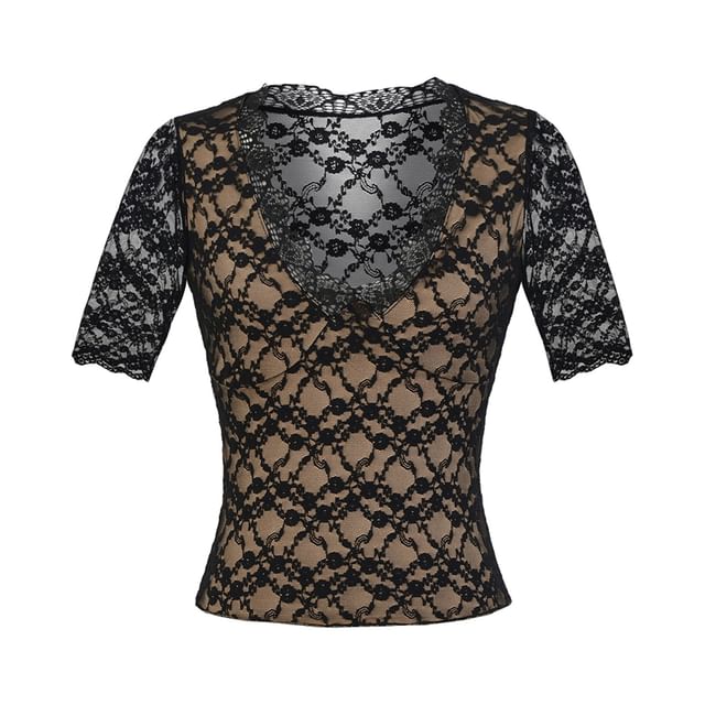 Elbow Sleeve V-Neck Lace Overlay Top