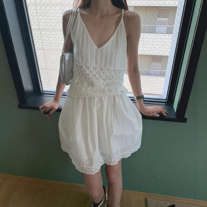 V-Neck Perforated Knit Crop Cami & Lace Mini Skirt