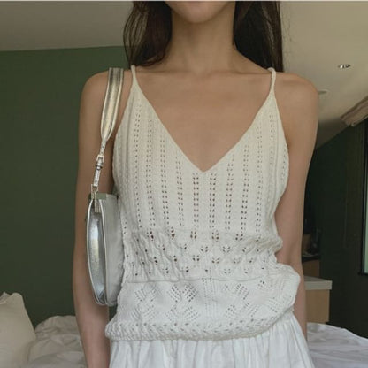 V-Neck Perforated Knit Crop Cami & Lace Mini Skirt