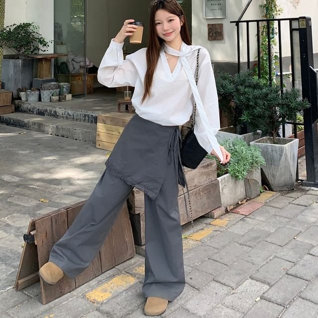 V-Neck Striped Blouse & Lace Trim Skirt Overlay Pants