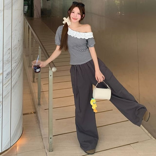 Striped Eyelet Lace Crop Top & Cargo Pants