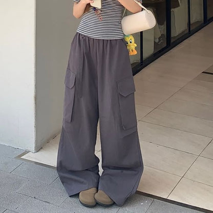 Striped Eyelet Lace Crop Top & Cargo Pants