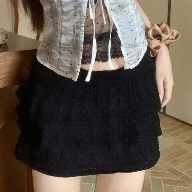 Set: Dotted Tie Crop Blouse + Halter Lace Top + Tiered Mini Skirt