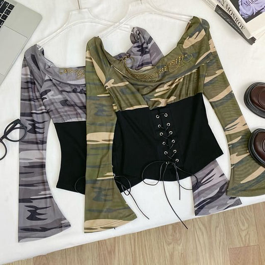 Cowl Neck Camouflage Lace Mesh Top