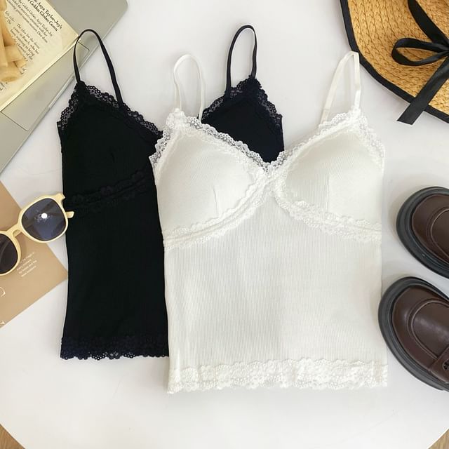 V-Neck Lace Trim Padded Camisole
