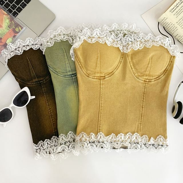 Ruffle Lace Trim Denim Tube Top