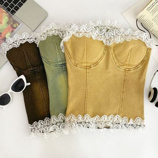 Ruffle Lace Trim Denim Tube Top