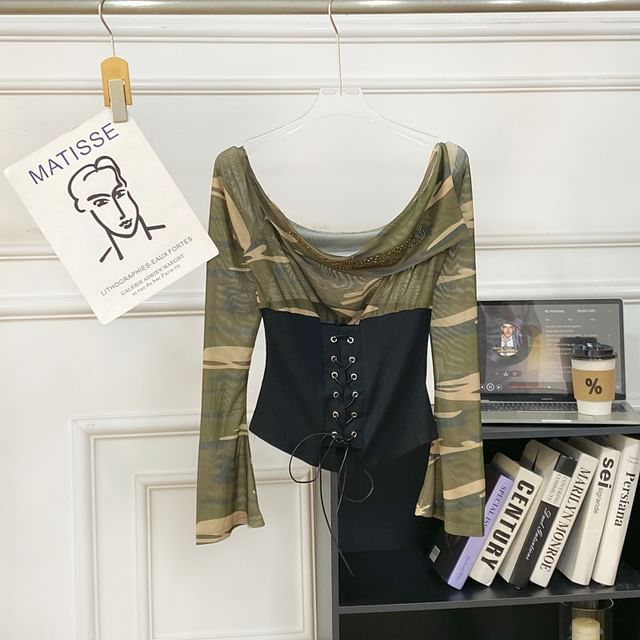 Cowl Neck Camouflage Lace Mesh Top