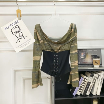 Cowl Neck Camouflage Lace Mesh Top