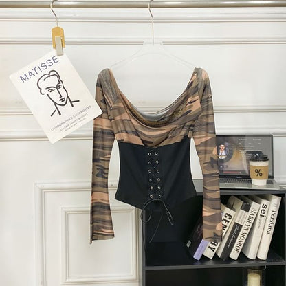 Cowl Neck Camouflage Lace Mesh Top