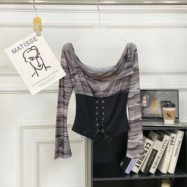 Cowl Neck Camouflage Lace Mesh Top