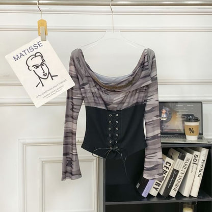 Cowl Neck Camouflage Lace Mesh Top