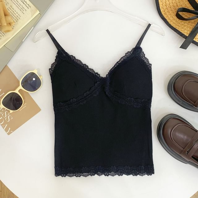 V-Neck Lace Trim Padded Camisole