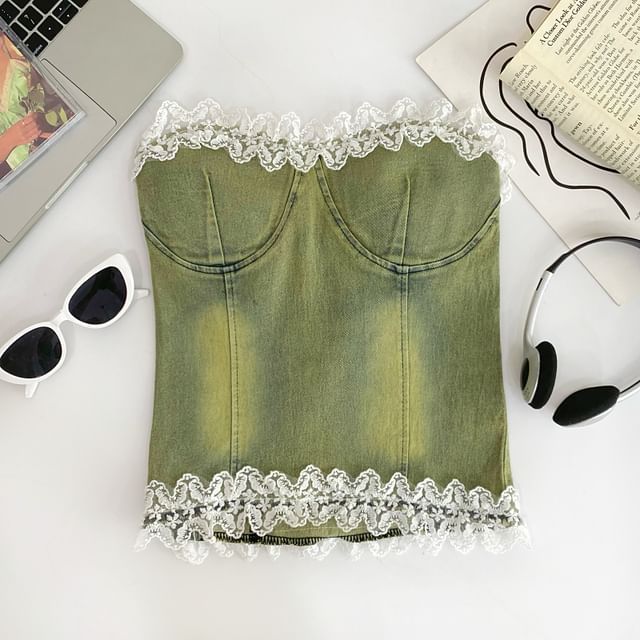 Ruffle Lace Trim Denim Tube Top