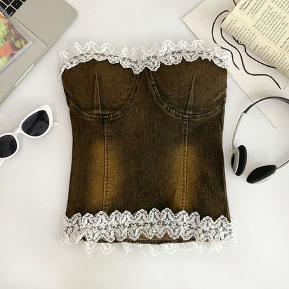 Ruffle Lace Trim Denim Tube Top