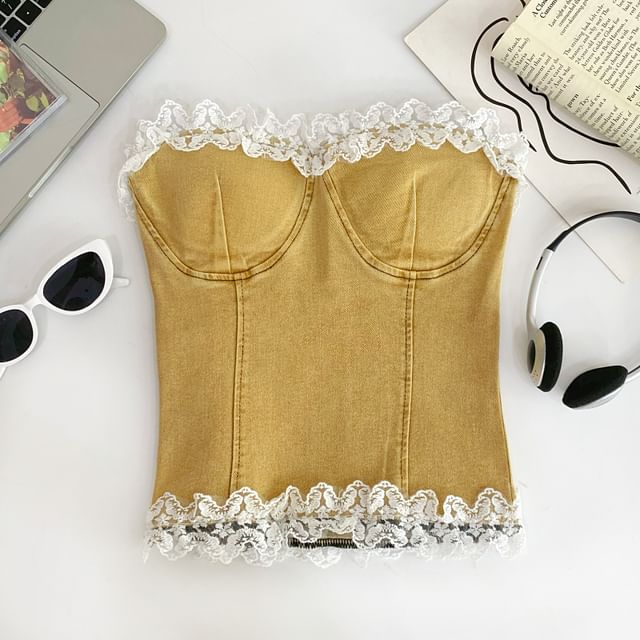 Ruffle Lace Trim Denim Tube Top