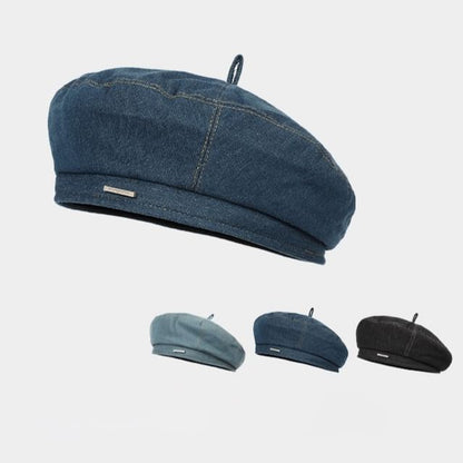 Metal Bar Denim Beret Hat