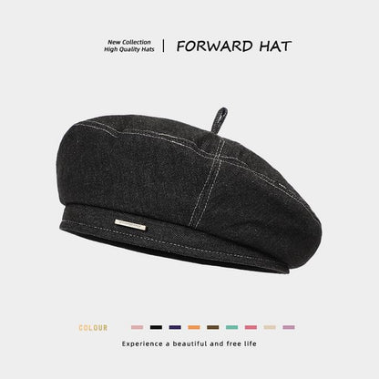 Metal Bar Denim Beret Hat