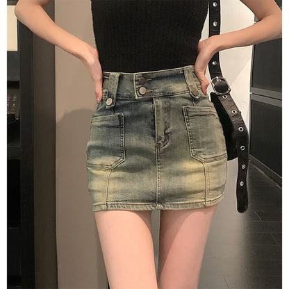 High Waist Denim Mini Skort