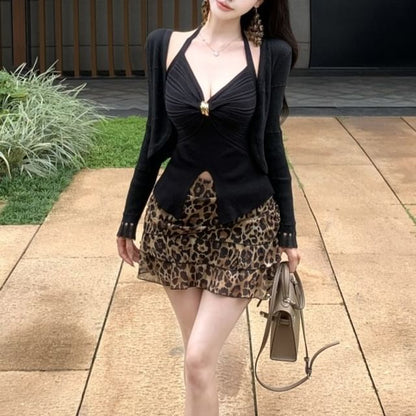 Halter V-Neck Cami Top / High Rise Leopard Print Mini Skirt / Cardigan